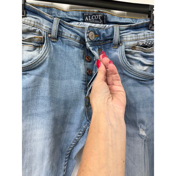 Alcott Men's distressed light blue denim buttonfly jeans - Picture 3 of 5